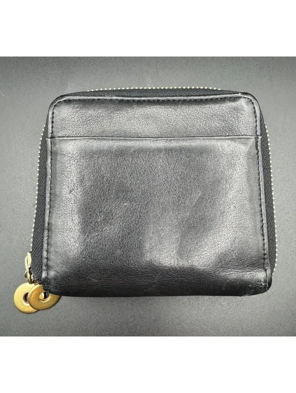 Black Leather Double Zip-Around Compact Wallet Gold Hardware
